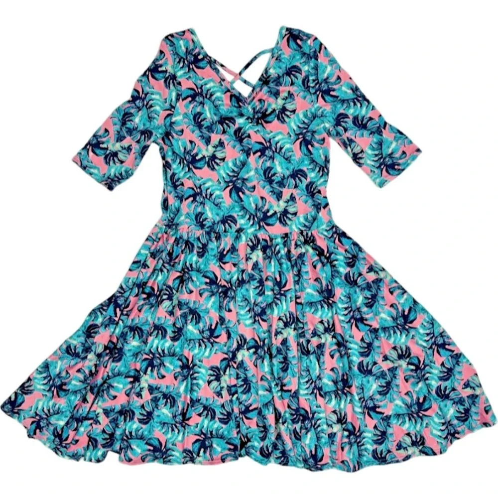 Dot Smile Girls 8‎ 10 Pink Leaves Teal Green Palm Ballerina Twirl Dress Tropical